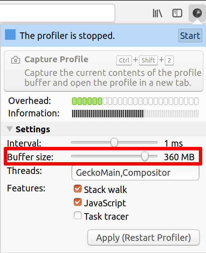 Profiler buffer size